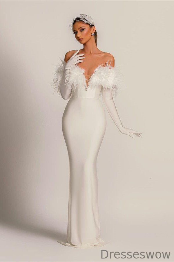 Dresseswow White V-Neck Mermaid Prom Dress Long Sleeves With Feather