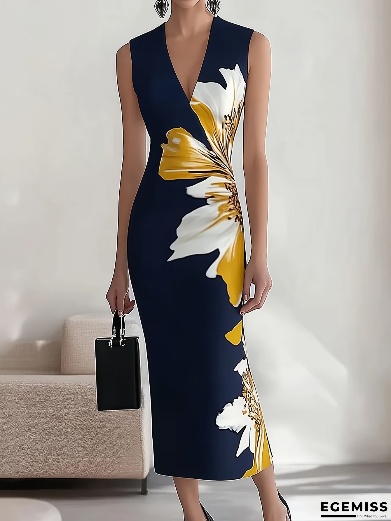 Women's Elegant Sleeveless V-Neck Floral Print Dress - Slim Fit Waist-Cinching Long Dress For Summer, All-Season Versatile Party & Casual Wear, Floral Print Dress | EGEMISS