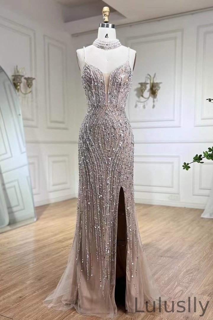 Luluslly Nude Spaghetti-Straps Mermaid Evening Dress Beadings Long With Pearls Chocker Sleeveless