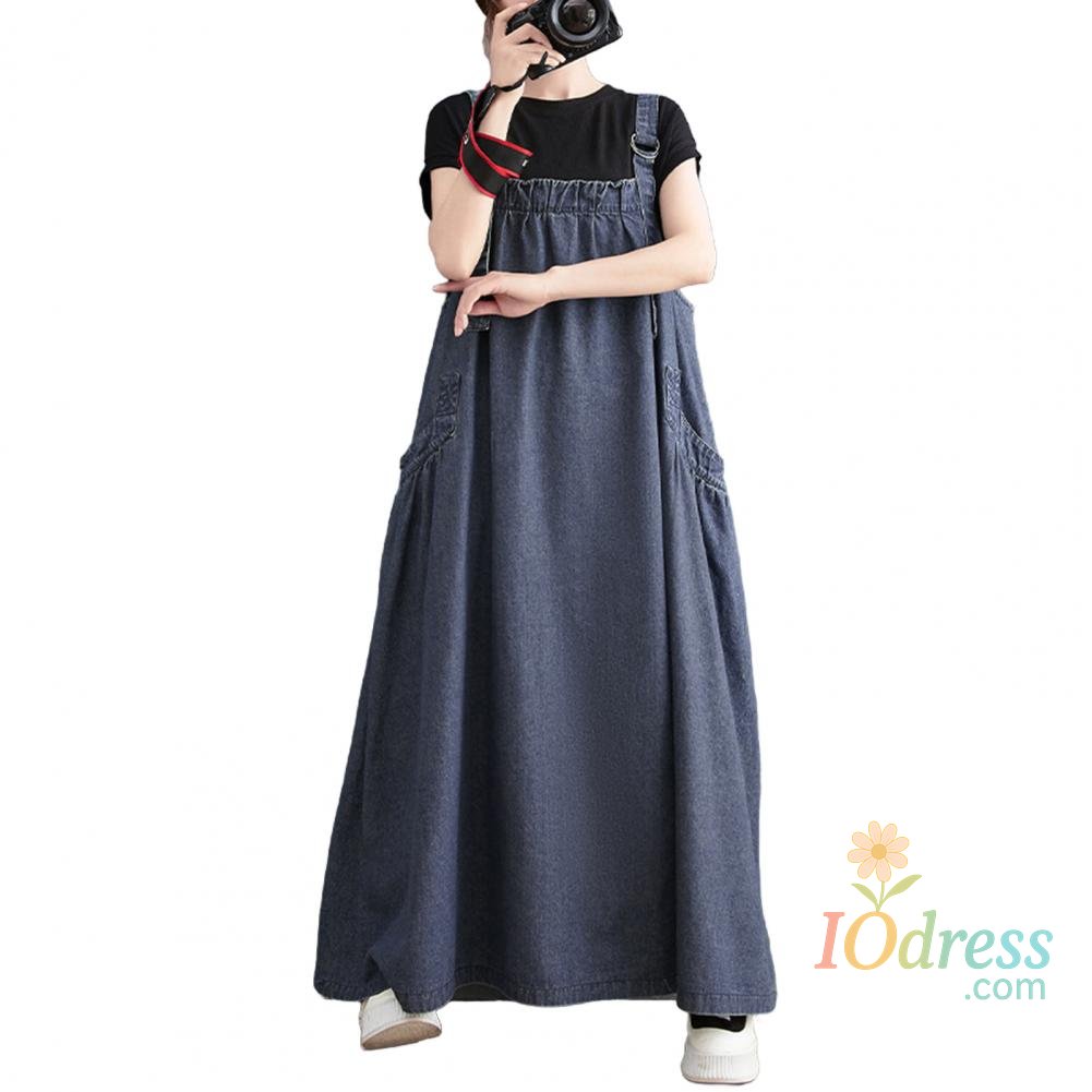 IO Dress Women's Denim Overall Dress Loose Sleeveless Boho Jean Jumper Dress with Pockets Wide Hem Pinafore Dress with Adjustable Strap