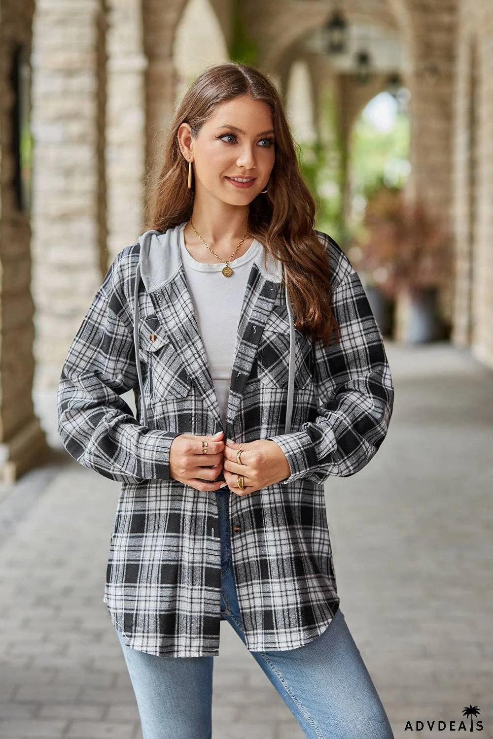 Plaid Long Sleeve Hooded Jacket