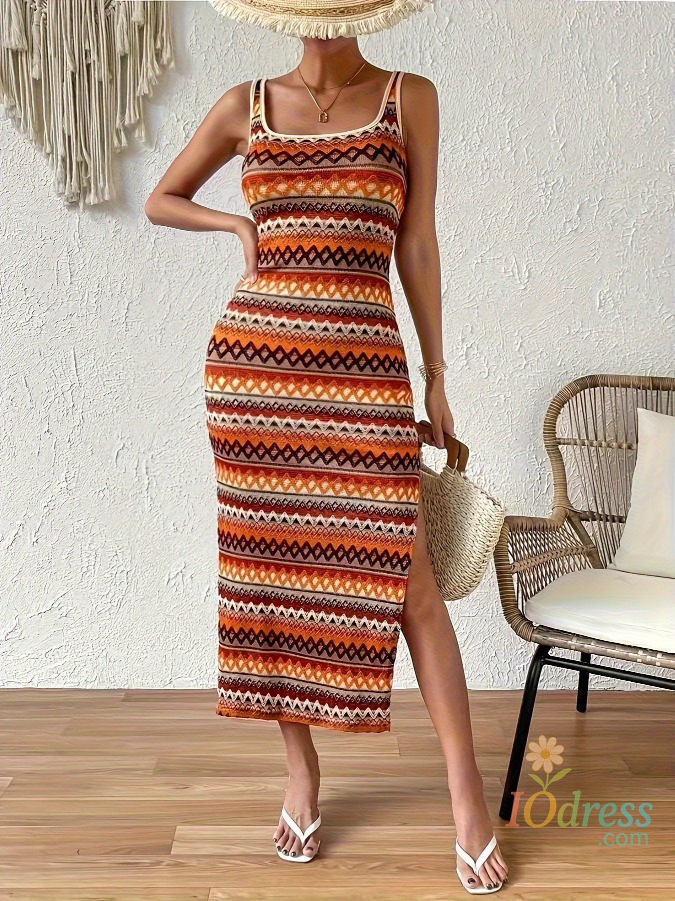 IO Dress Striped Print Tank Maxi Dress Elegant Bodycon Sleeveless Side Split  For Spring & Summer Sexy Slim Elegant Vacation Dresses Robe