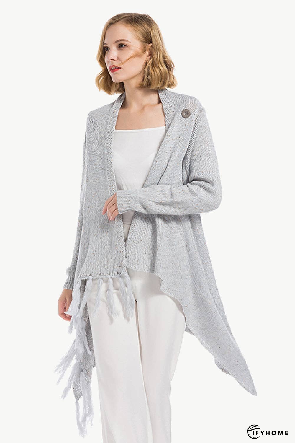 One-Button Tassel Tie Asymmetrical Hem Cardigan | IFYHOME