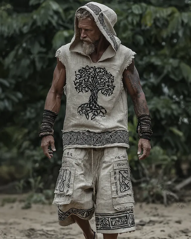 Men's Viking-Style Fashion Contrast-Color Embroidered Hooded Sleeveless Top & Shorts Two-Piece Set 1230