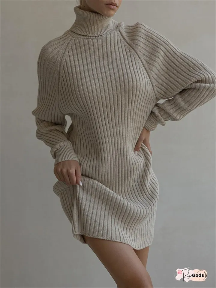 Long-sleeved High-neck Sweater Dress Women's Casual Loose Thickened Pit Stripes Solid Color Package Hip Autumn and Winter Knitted Dresses