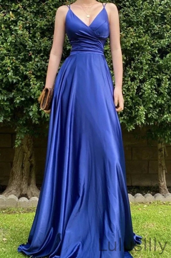 Spaghetti-Straps Royal Blue Long Evening Dress String Back - lulusllly