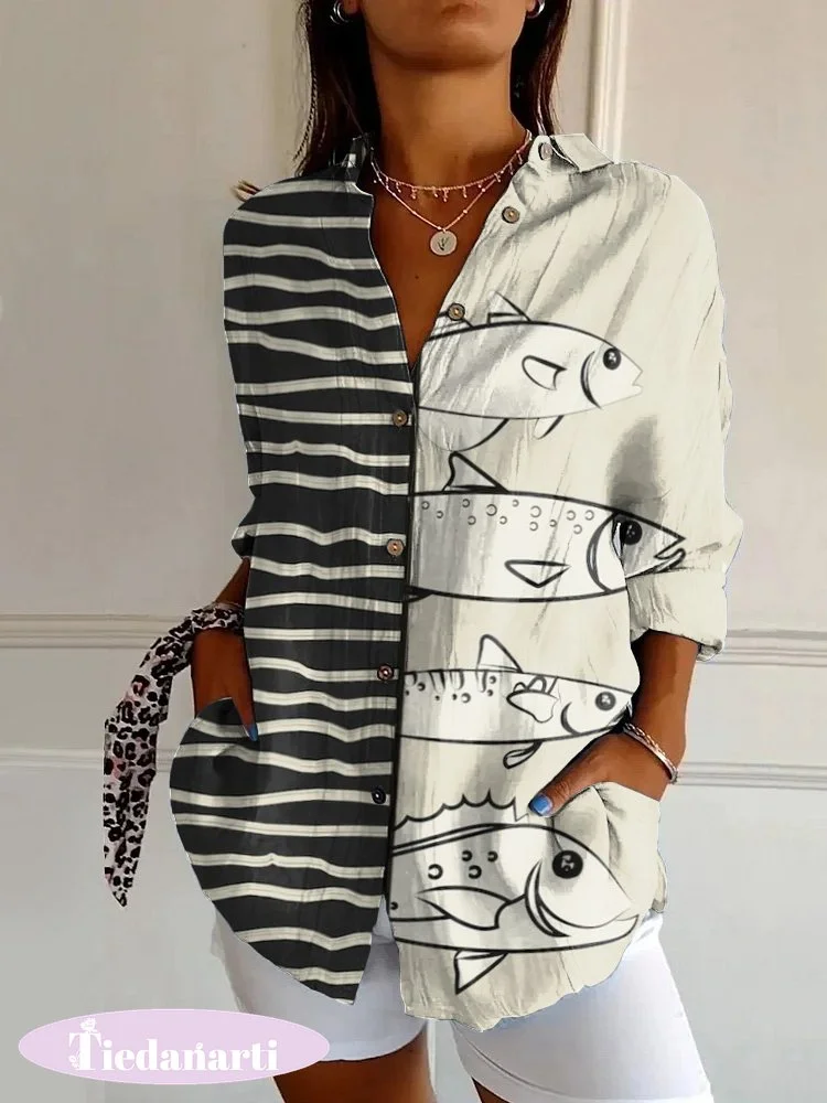 Japanese Sardine Stripe Patchwork Print Casual Long-sleeved Shirt