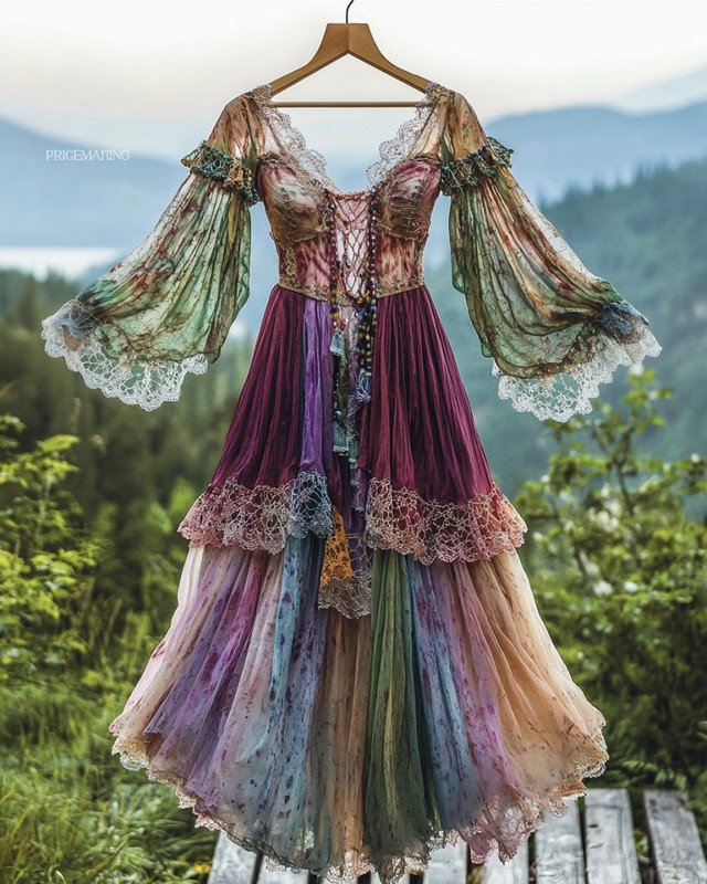 Summer Vacation Ruffle Lace Contrast Color Dress 34ef