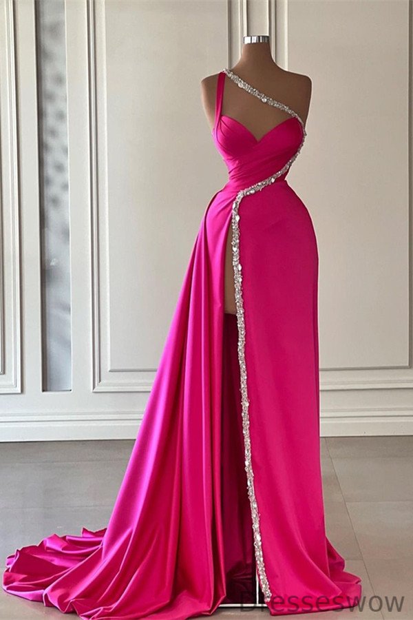 Dresseswow Fuchsia One Shoulder Prom Dress Mermaid Split With Beads