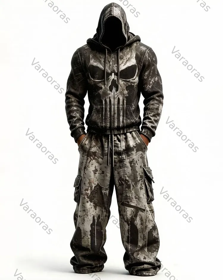Men's Fashion Skull Contrast Color Embroidered Hoodie & Pants Two-Piece Set 4099