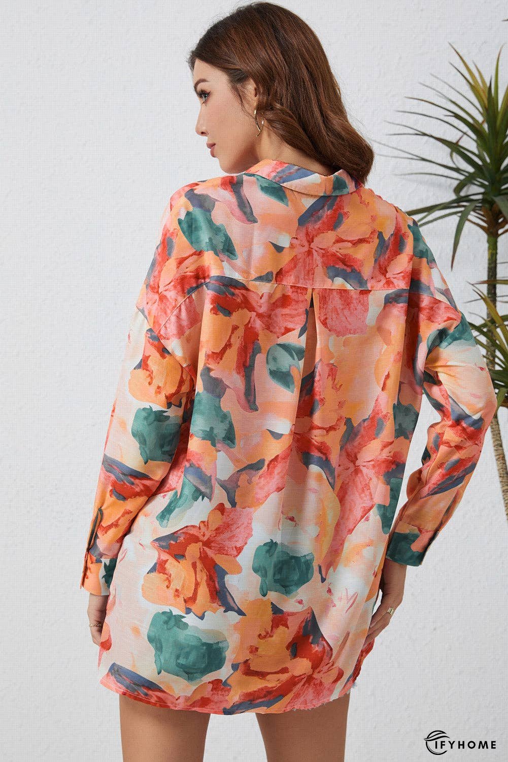 Floral Long Sleeve Slit Longline Shirt | IFYHOME