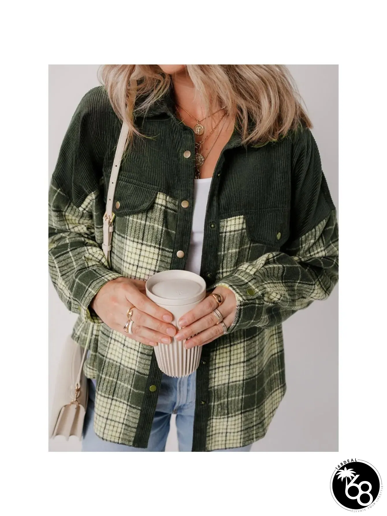 Womens Oversized Corduroy Jacket Green Olive Plaid Short Blazer with Collar Golden Buttons | 168DEAL