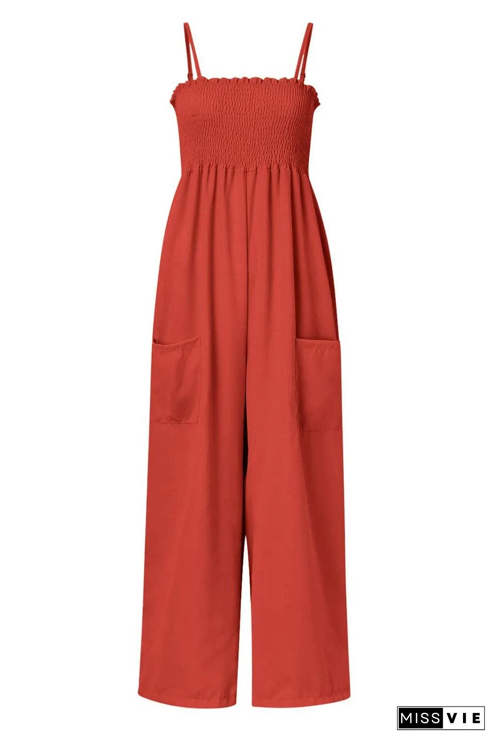 Smocked Spaghetti Strap Wide Leg Jumpsuit - Pocketed