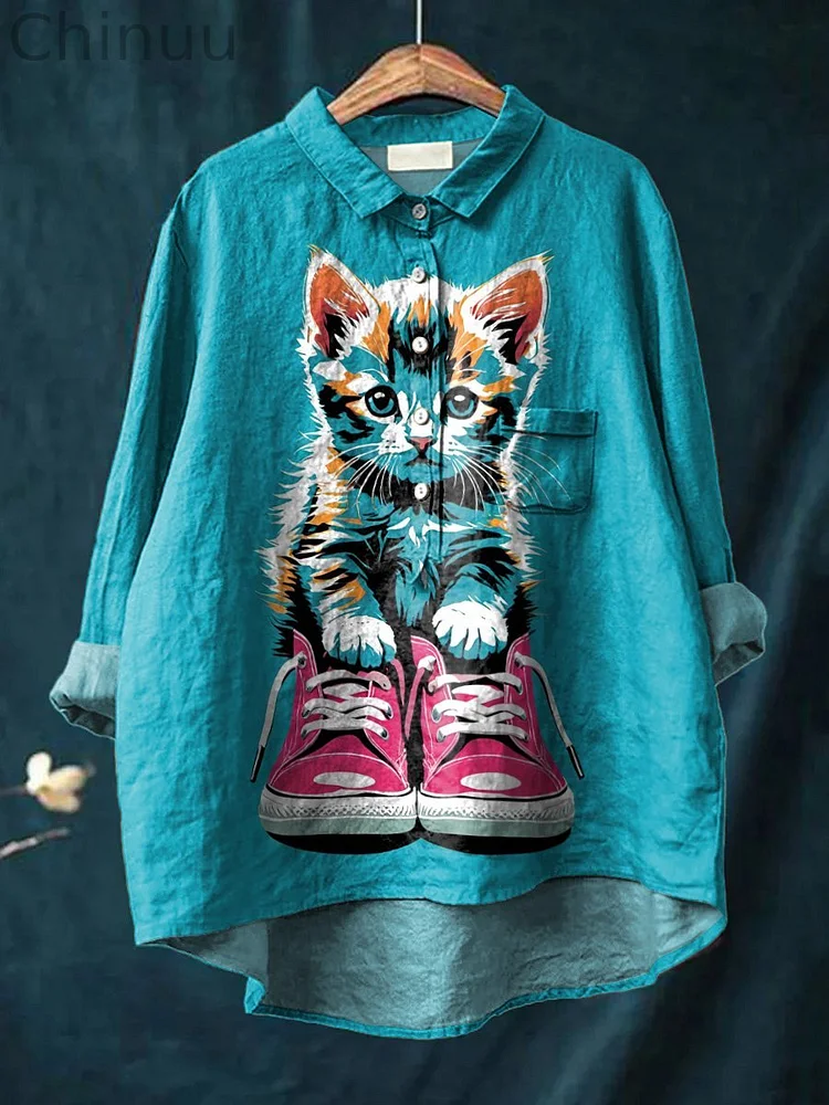 Little Cat In Shoes Graphic Printed Women's Casual Cotton And Linen Shirt