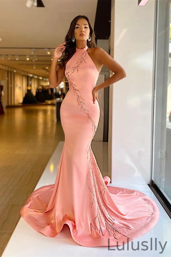 Luluslly High Neck Sleeveless Mermaid Prom Dress Beadings