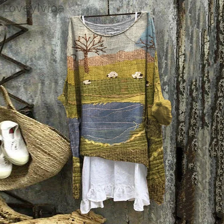 Vintage Sheep Farm Patchwork Embroidery Art Linen Blend Flowy Tunic