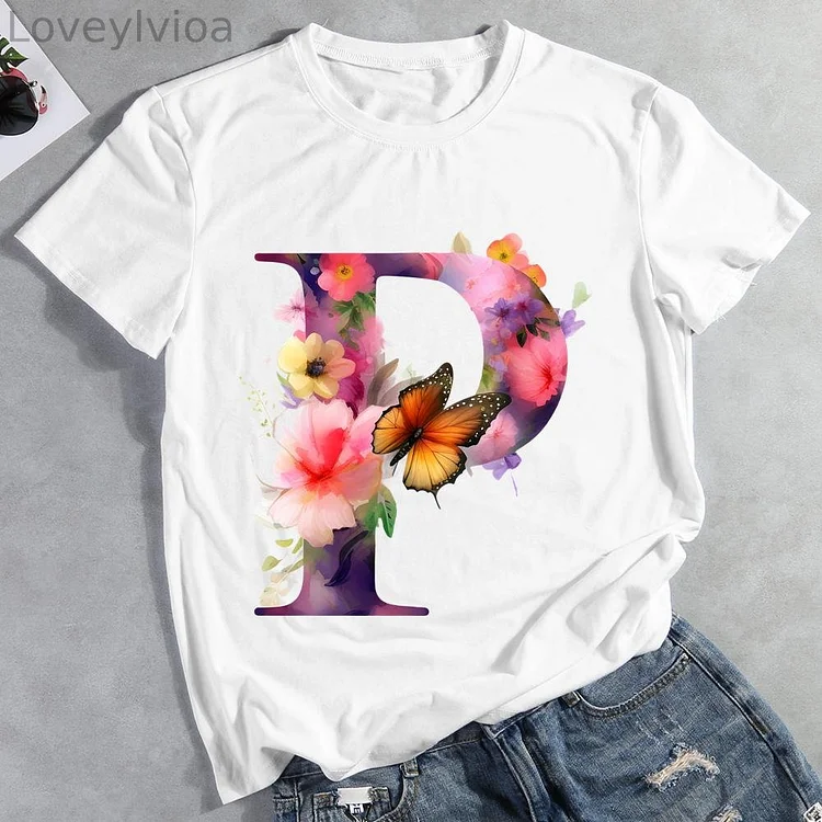 Butterfly Alphabet P Round Neck T-shirt