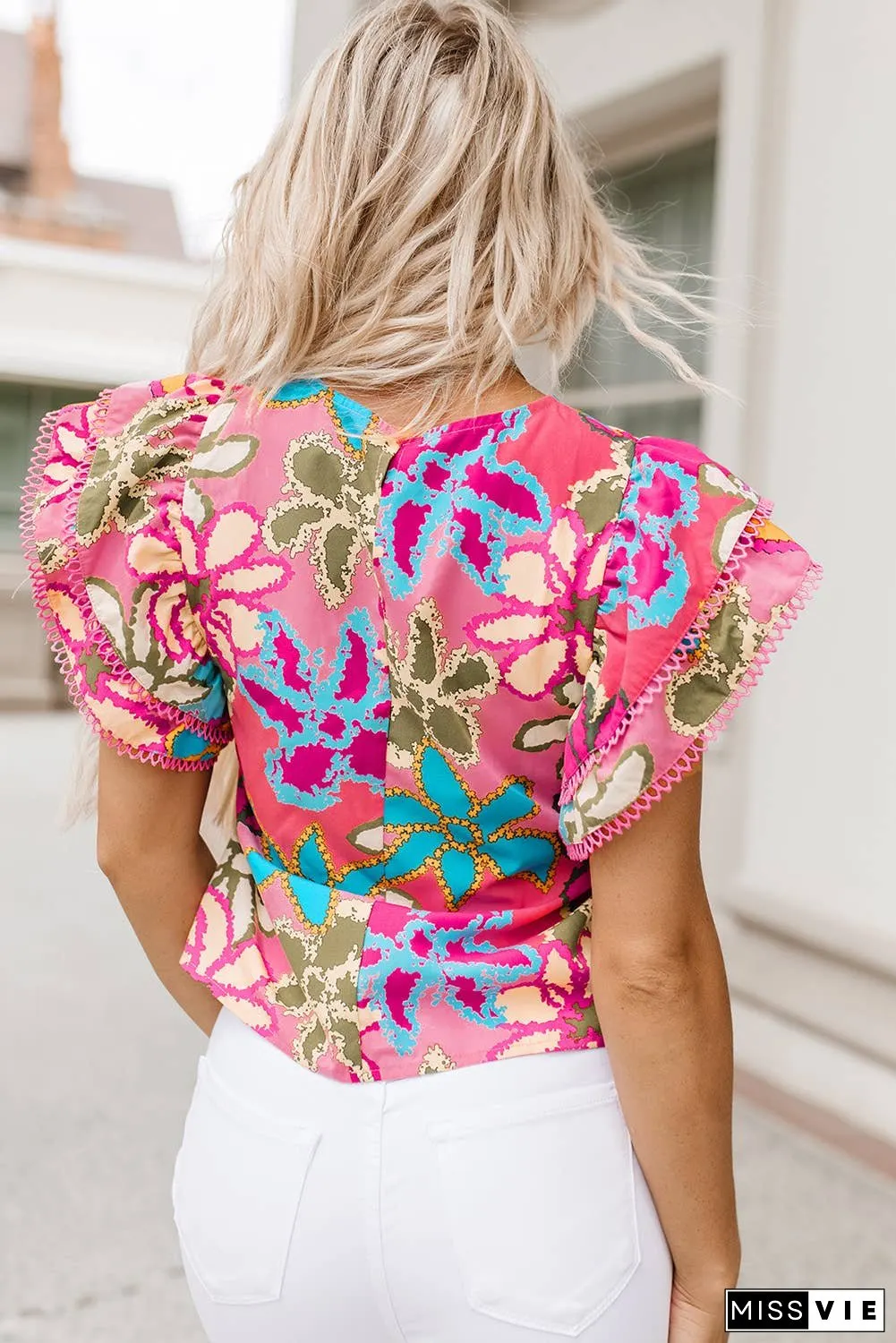 Vibrant Floral Print Trimmed Ruffle Sleeve Blouse