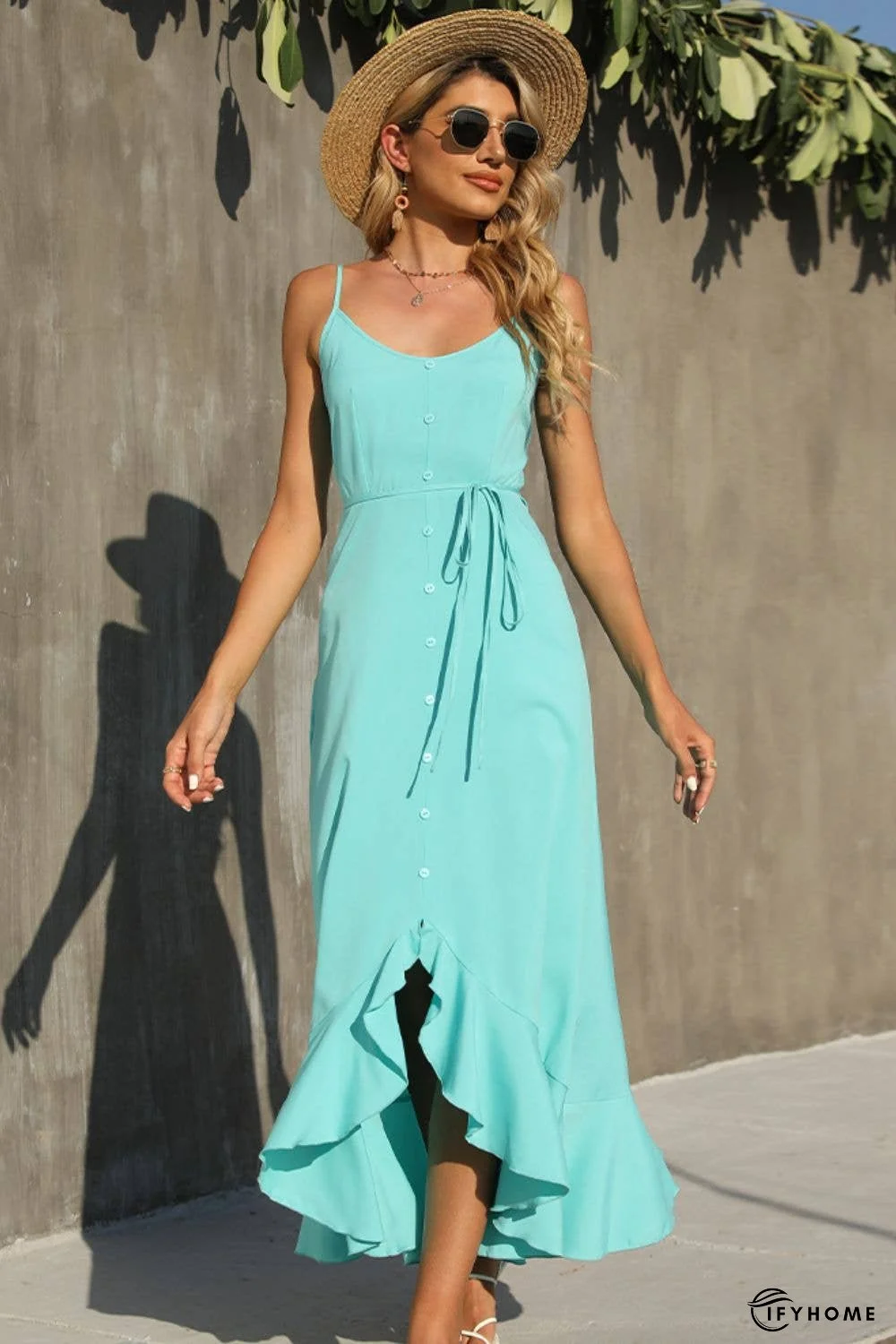 Decorative Button Spaghetti Strap Ruffle Hem Dress | IFYHOME