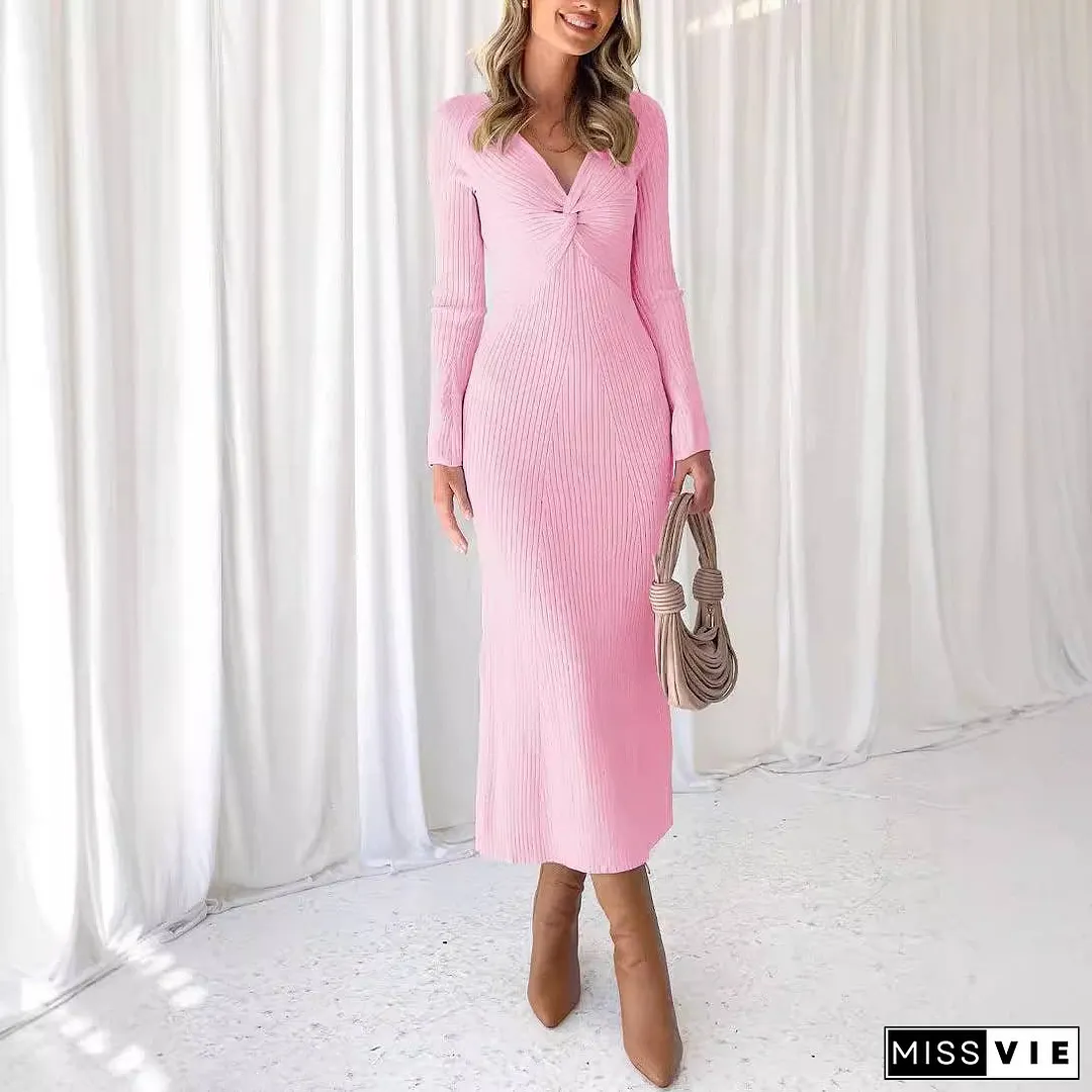 Sexy Spice Long Sleeve Twist Pleated Long Dress