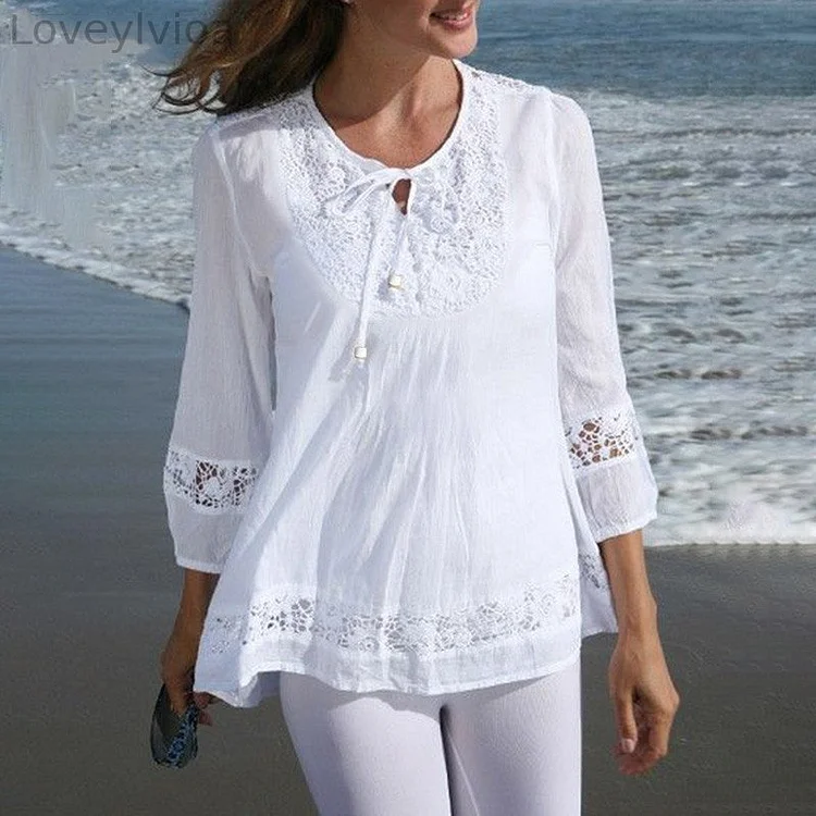 Cotton And Linen Patchwork Lace Temperament Long Sleeved Shirt