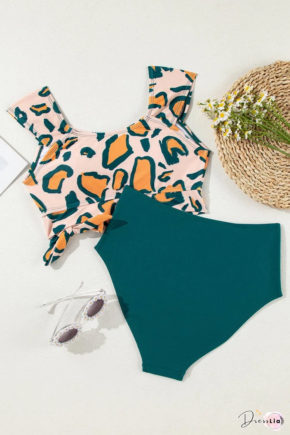Colorblock Leopard Knotted Bikini Set