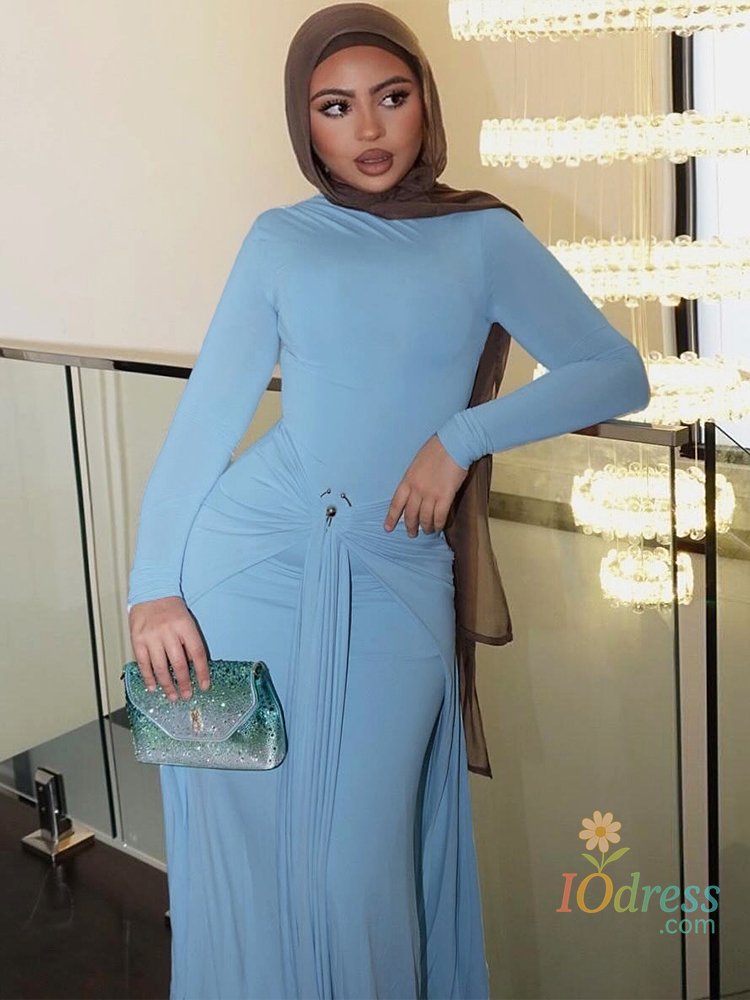 IO Dress Weird Puss Ruched Elegant Maxi Dress Women Daily Casual Fashion Skinny Full Sleeve Solid Gown Midnight Prom Party Long Bodycon
