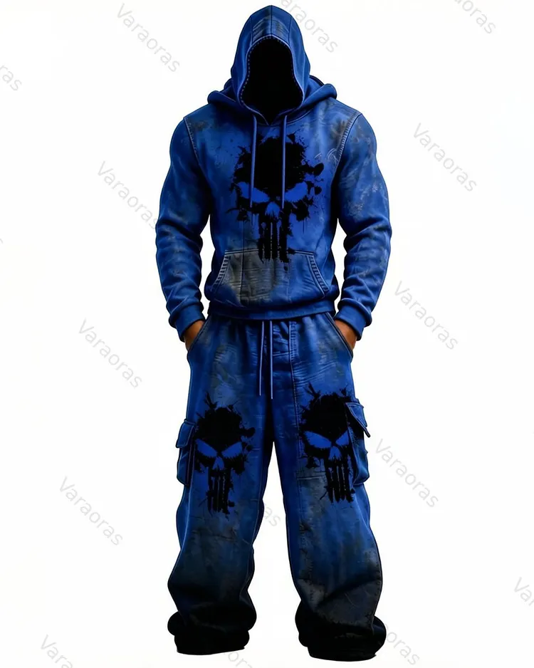 Men's Color-Block Skull-Embroidered Hoodie & Pants Two-Piece Set 1434