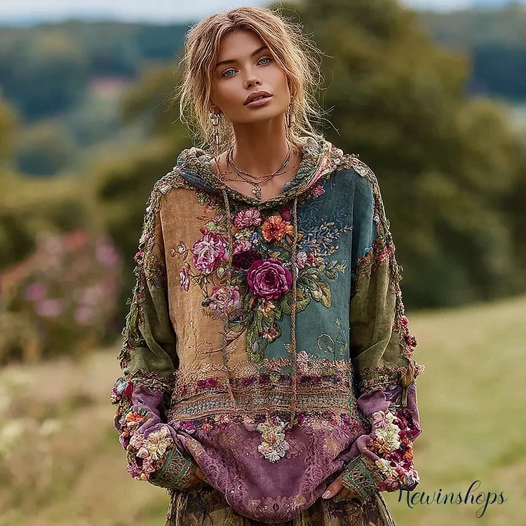 Women's Vintage Floral Patchwork Warm Hoodie