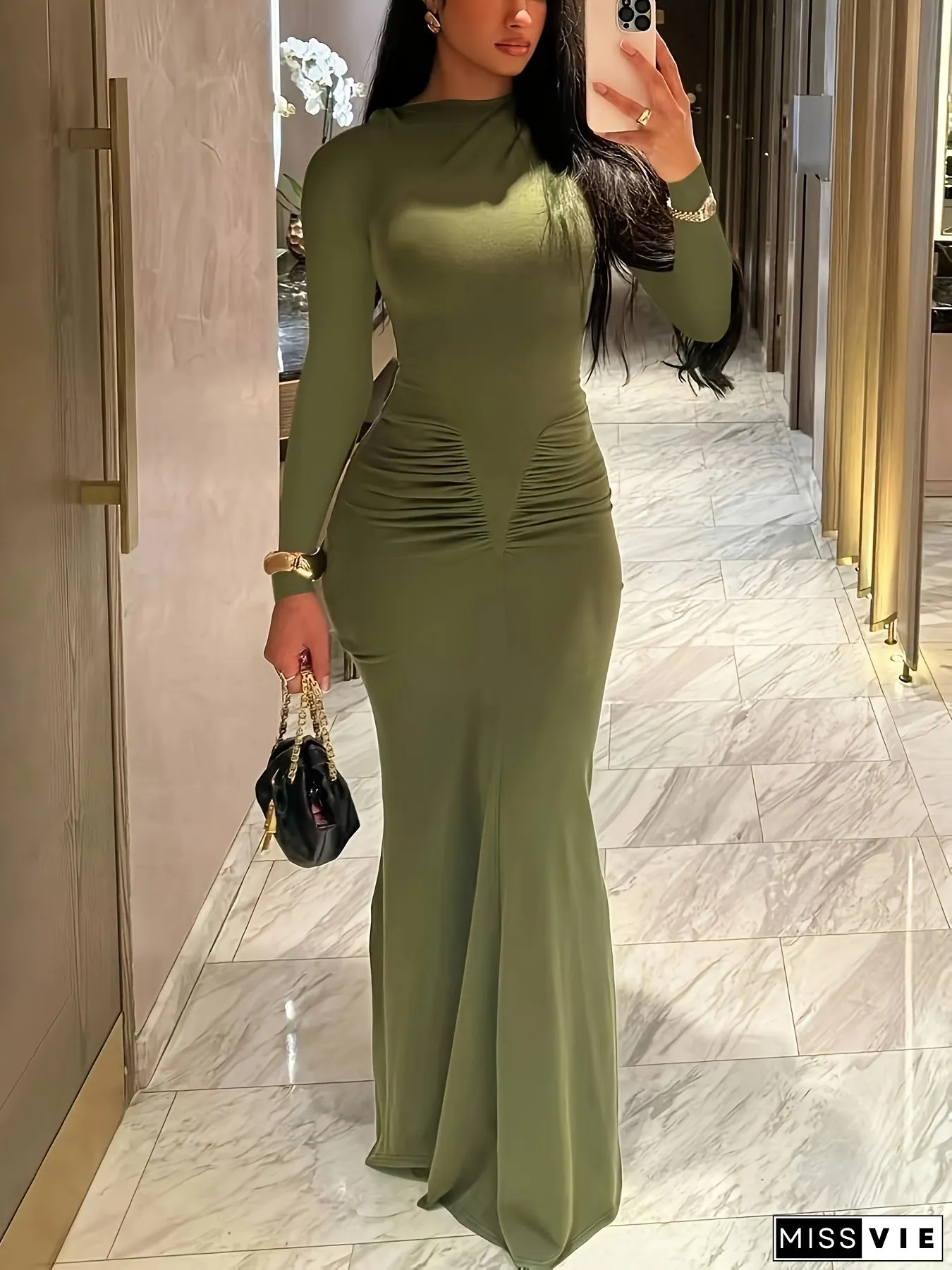 Olive Green Long Sleeve Dress-Round-neck ruched detailing machine washable all-season