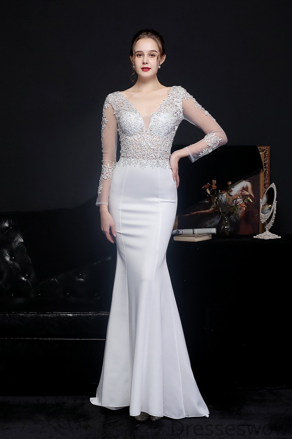 Dresseswow Long Sleeves Mermaid Evening Dress V-Neck With Lace Appliques YE0036