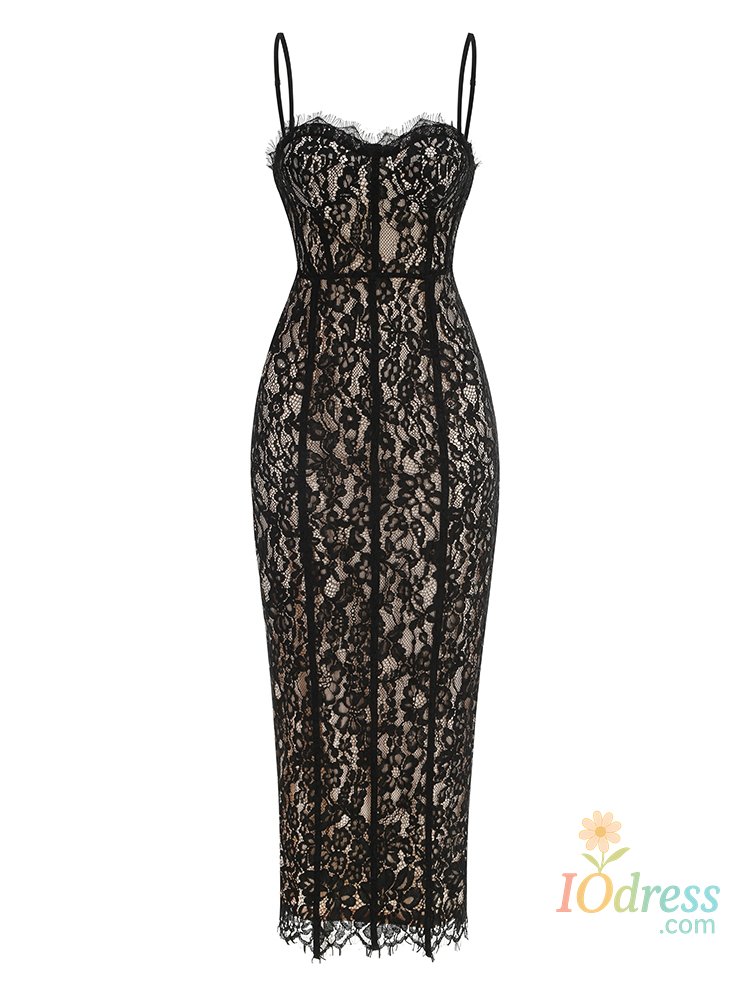 IO Dress Sexy Spaghetti Strap Square Neck Lace Long Dress Women Black Floral Lace Sleeveless Bodycon Dresses Elegant Evening Celebrity