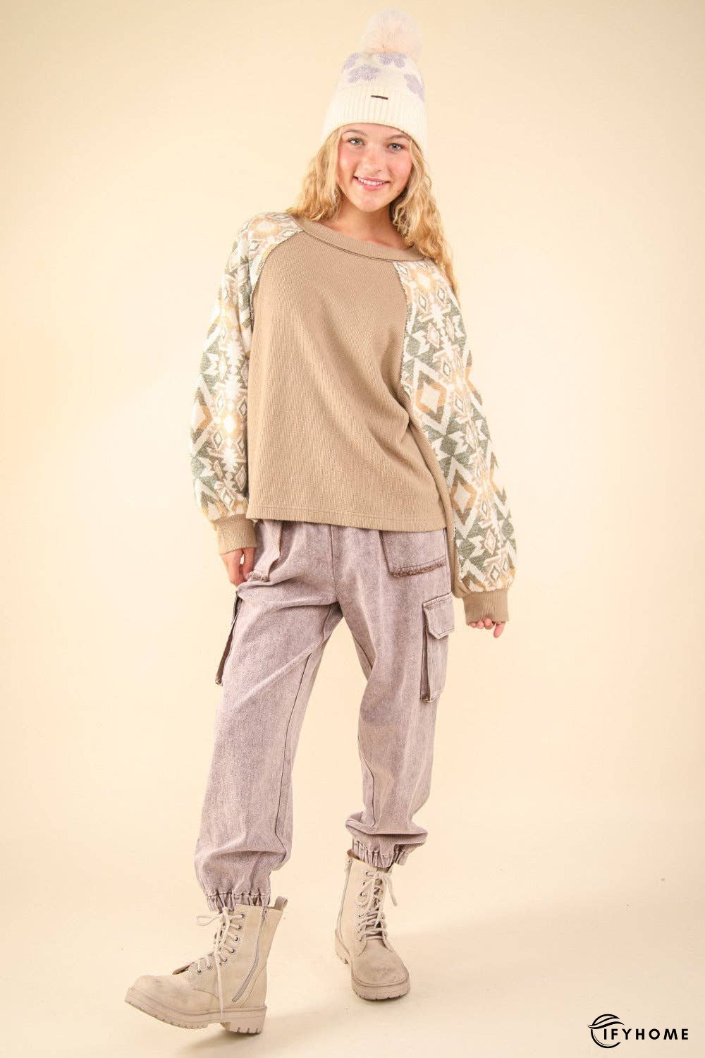 VERY J Printed Long Sleeve Round Neck Knit Top | IFYHOME