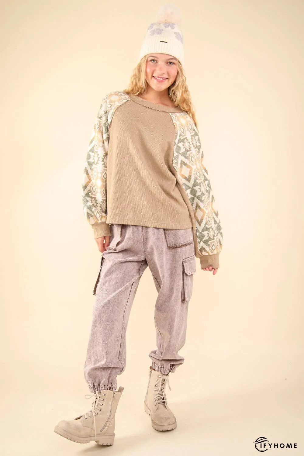 VERY J Printed Long Sleeve Round Neck Knit Top | IFYHOME