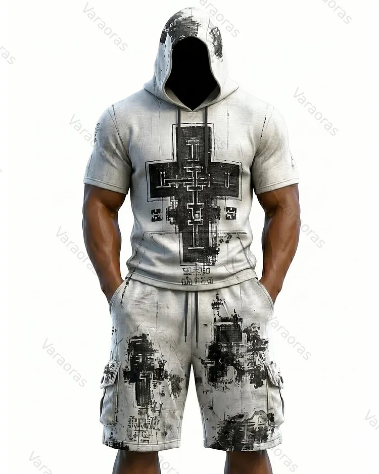 Men's Viking Contrast Color Cross Embroidered Short-Sleeve Hoodie & Shorts Two-Piece Set 3934