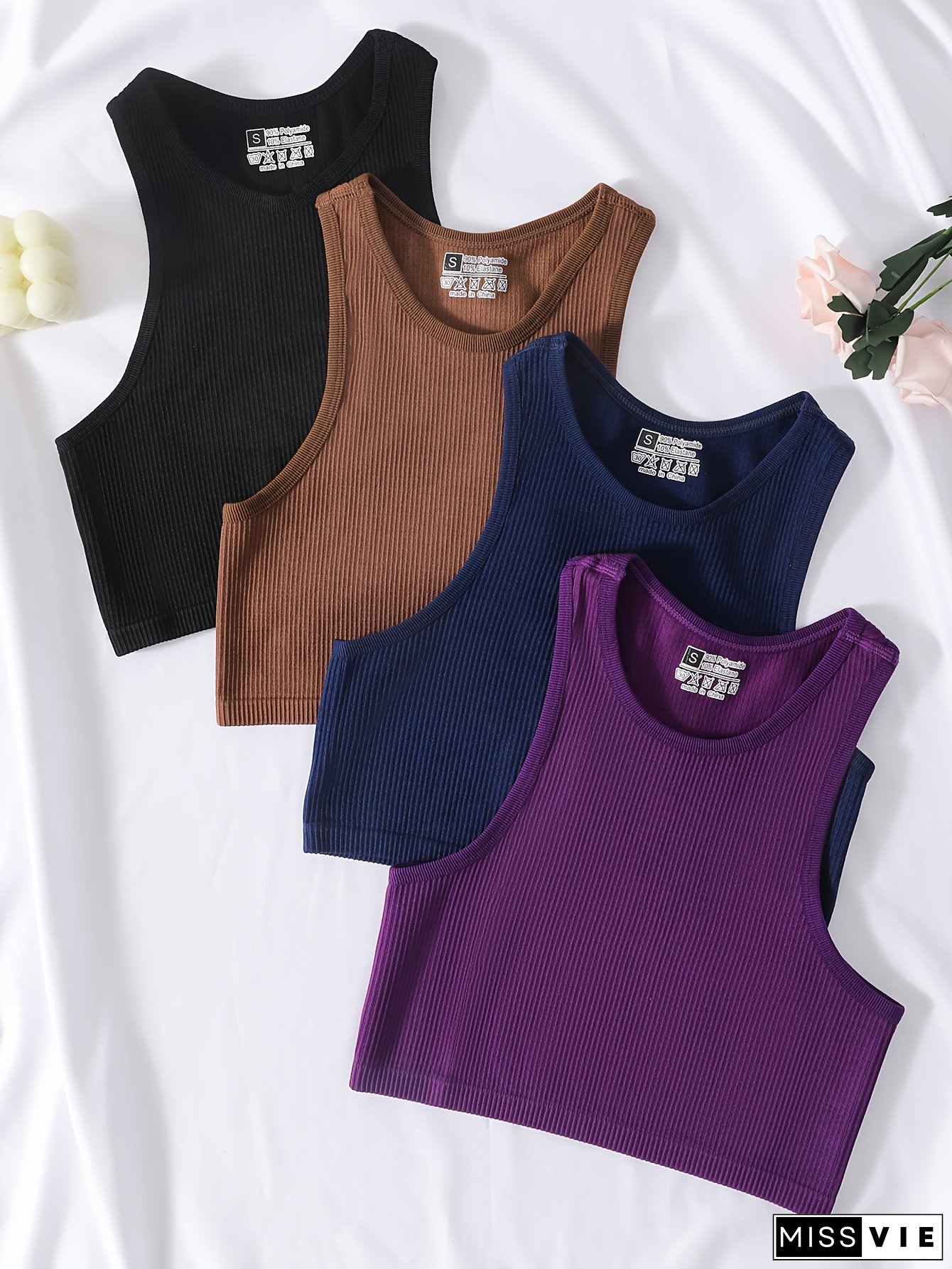 4pcs Women's Sleeveless Tank Tops - Seamless Breathable Workout Tops with No Padding, Loose Fit for Gym Yoga Running, 4 Colors (Black/Brown/Blue/Purple), Machine Washable, Workout Clothes, Yoga Attire, Sporty Style, Smooth Texture, Durable Fabric
