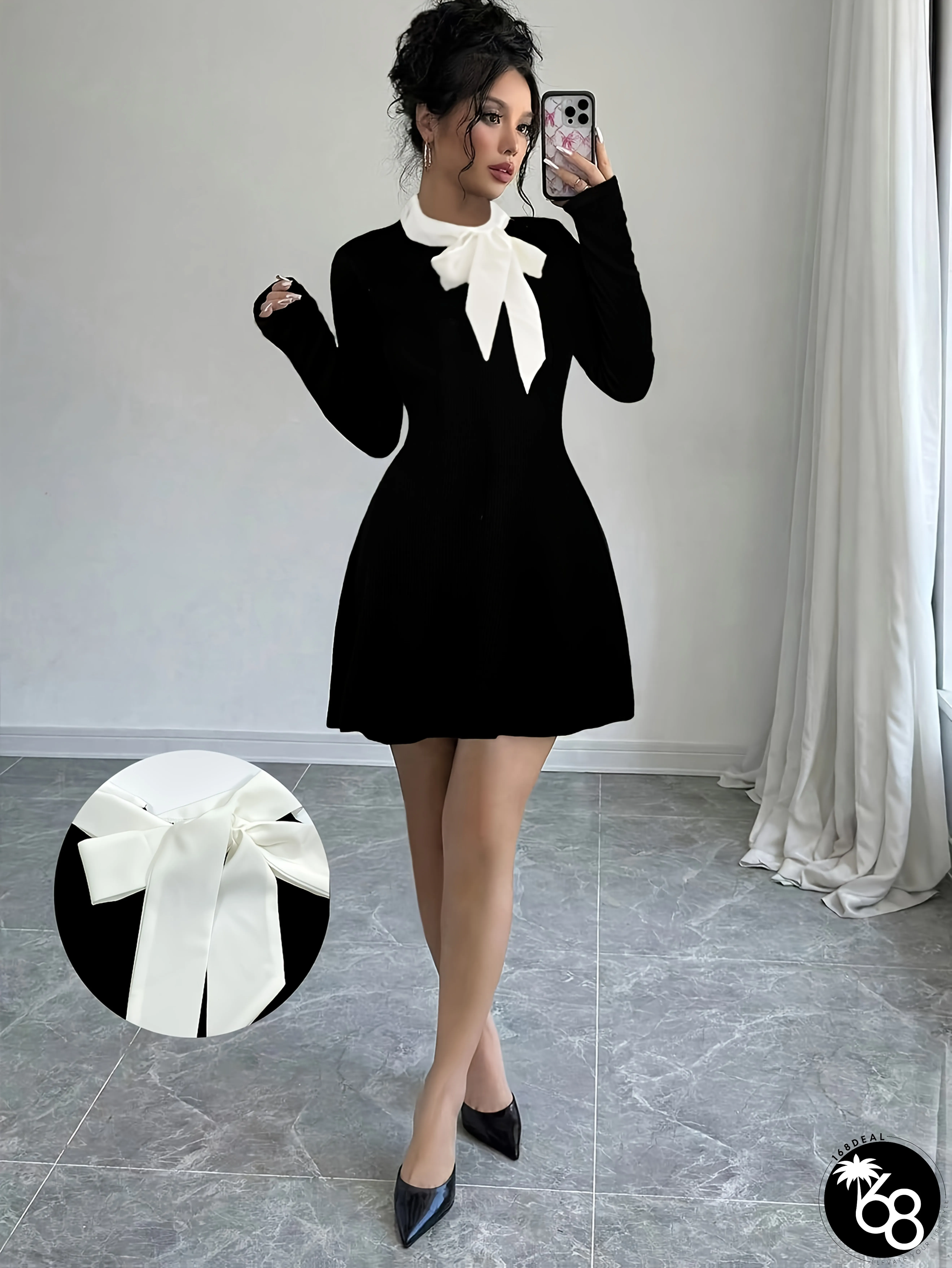 Womens Elegant Knit Dress With Color Block Bow Stand Collar A-Line Short Hem Polyester | 168DEAL