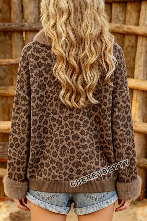 Vintage Leopard Print Knit Faux Fur Collar Sweatshirt
