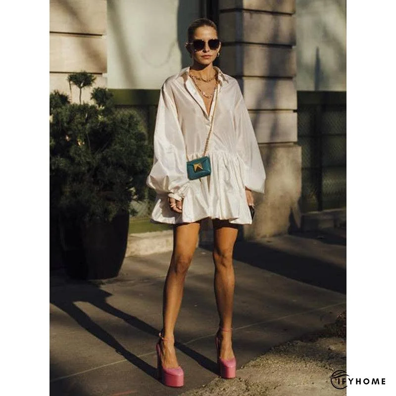Urban Puff Sleeves Buttoned Split-Joint Solid Color Lapel Mini Dresses Shirt Dress | IFYHOME