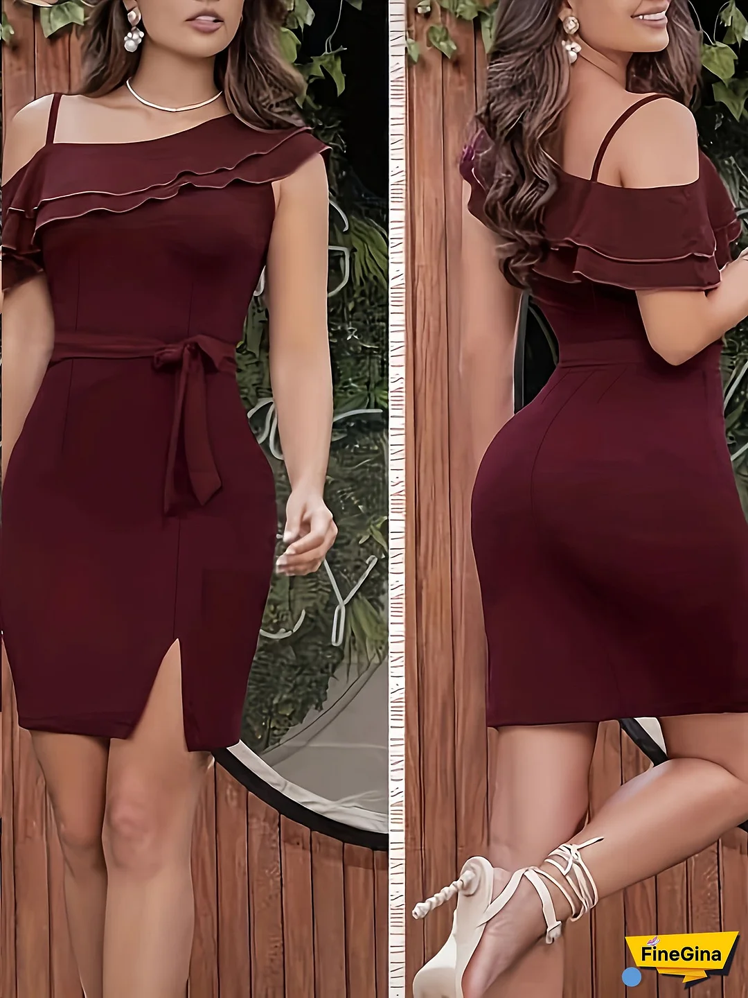 Sexy Off-Shoulder Bodycon Mini Dress - Wine Red with Lace Detailing & Thigh-High Slit, Ruched Front, Stretchy Polyester Blend for Women, Perfect for Spring/Summer Parties, Party Dress | Sexy Mini Dress | Stretchy Fabric