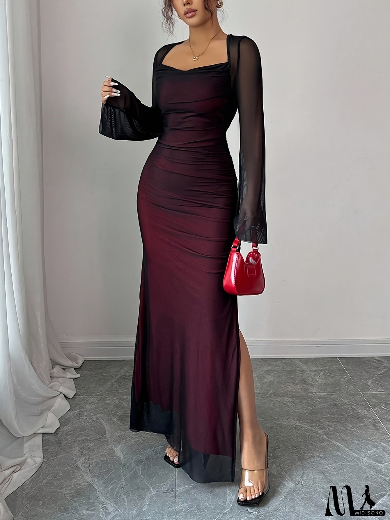 Women's Burgundy Elegant A-Line Maxi Dress with Puffed Sleeves & Low Neckline - Fitted Wedding Guest Gown, Prom Dress, Party Dress, Burgundy Wedding Dress for Women, Spring/Autumn Out, Dresses For Women Elegant Classy, Wedding Guest Dresses Women