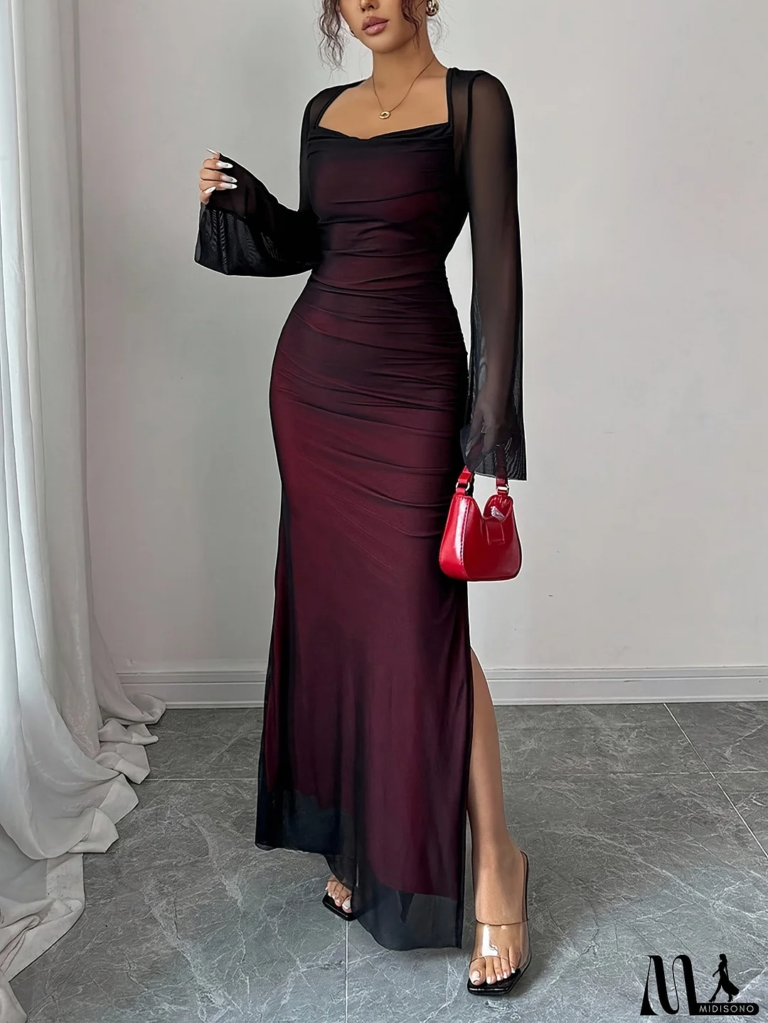 Women's Burgundy Elegant A-Line Maxi Dress with Puffed Sleeves & Low Neckline - Fitted Wedding Guest Gown, Prom Dress, Party Dress, Burgundy Wedding Dress for Women, Spring/Autumn Out, Dresses For Women Elegant Classy, Wedding Guest Dresses Women
