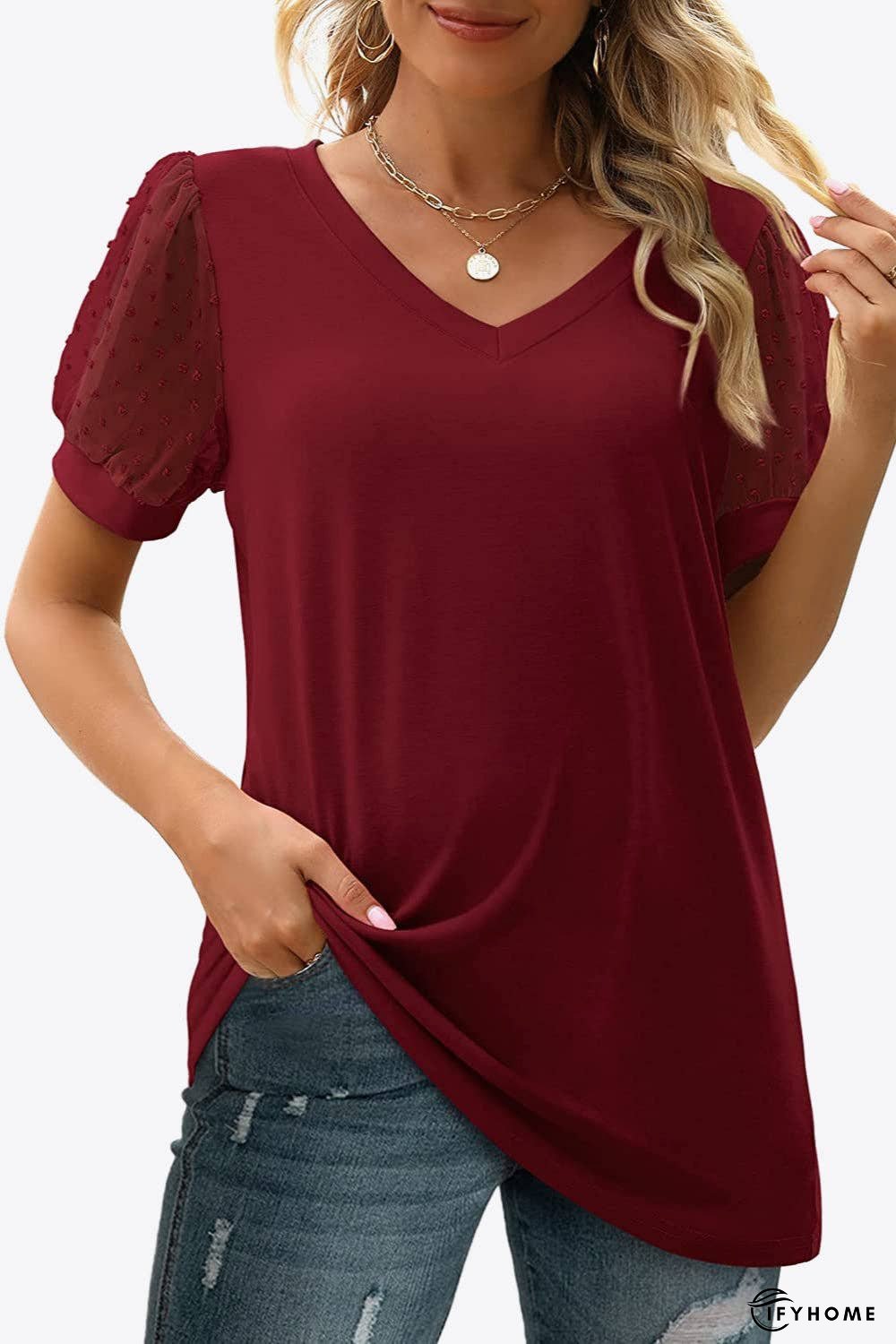Swiss Dot Puff Sleeve V-Neck Tee | IFYHOME