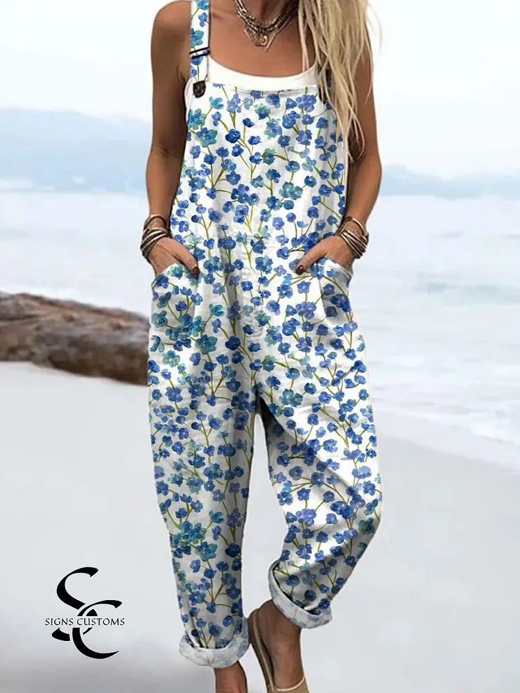 Women's Vintage Flower Art Print Casual 100% Cotton Wide Leg Jumpsuit