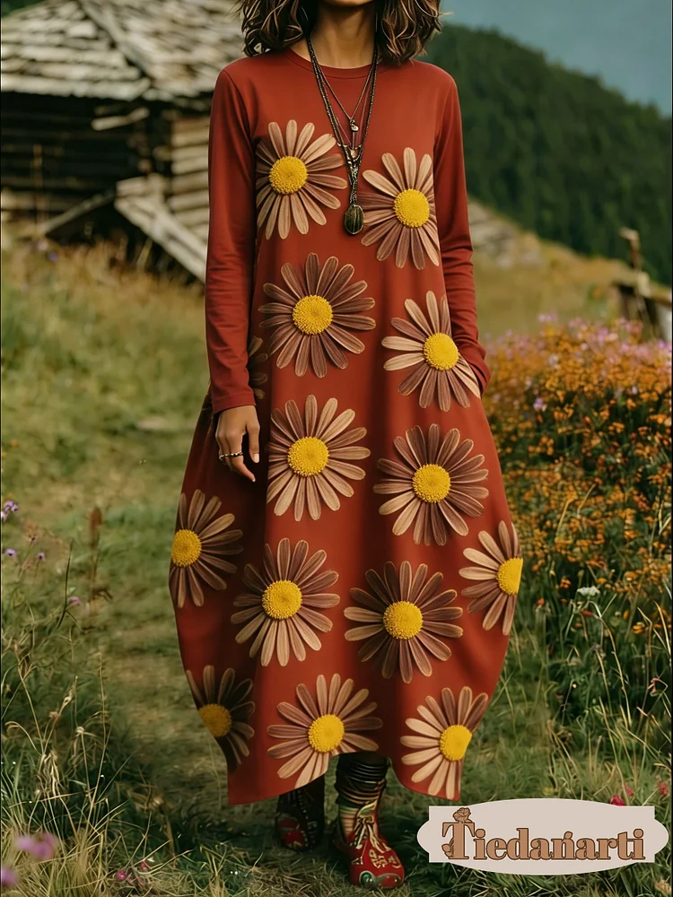 Women's Floral Print Crew Neck Long Sleeve Cotton Pocket Dress