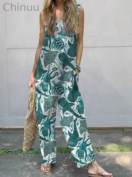 Vibrant Sea Creatures Pattern Printed Women's Casual 100% Cotton Wide Leg Jumpsuit