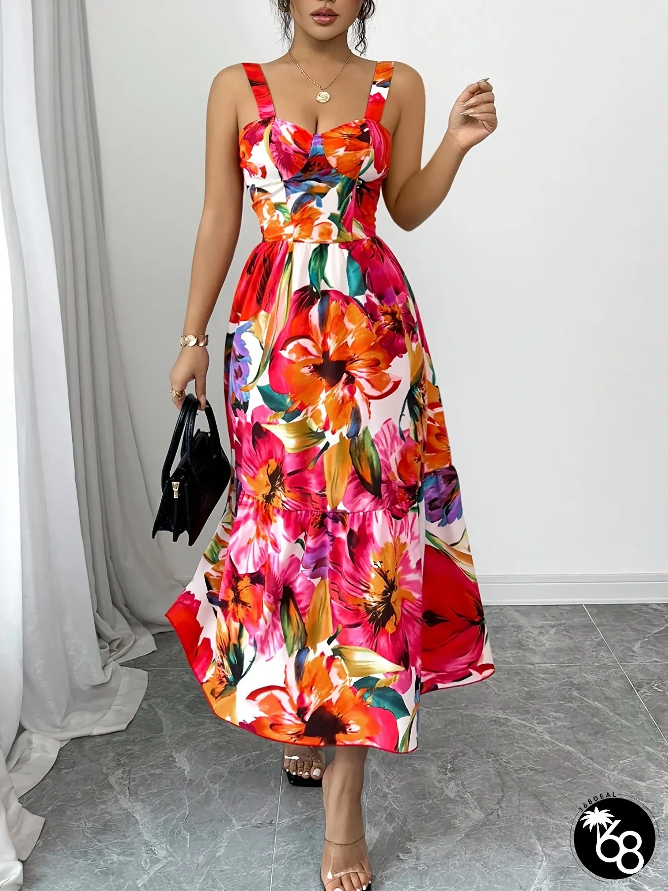 Womens Elegant Floral Print Maxi Dress with Square Neckline Back Zipper Vibrant Multicolor | 168DEAL