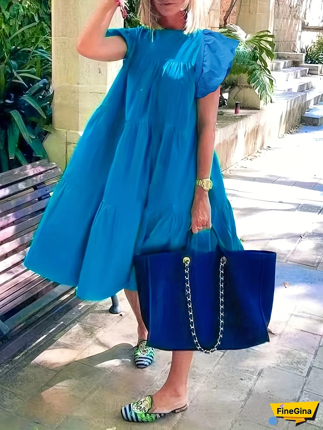 [Plus Size Maxi Dress] Plus Size Summer Beach Maxi Dress | Round Neck, Fly Fish Sleeves, Ruffled Hemline, Women's Casual Dress