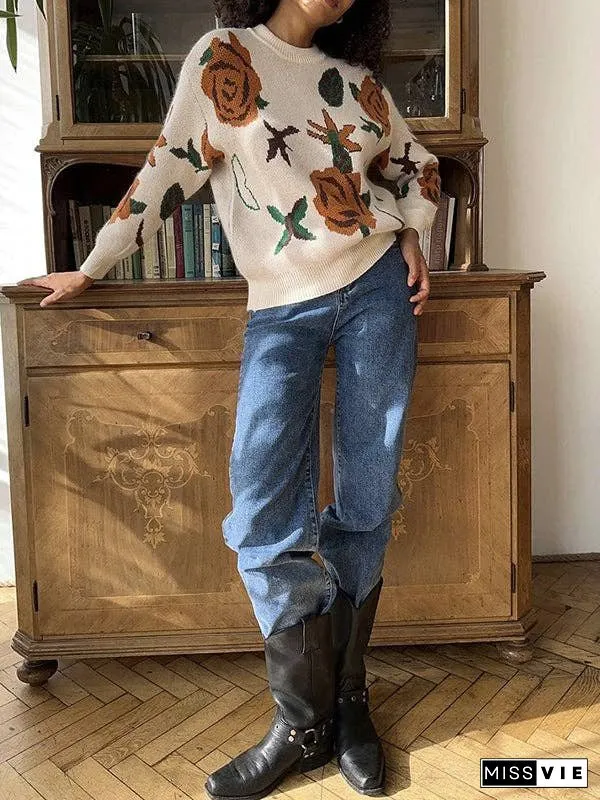 Long Sleeves Loose Flower Print Round-Neck Pullovers Sweater Tops