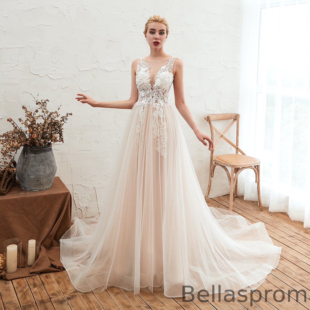 Bellasprom Amazing Tulle Open Back Wedding Dress With Lace Appliques Scoop Bellasprom